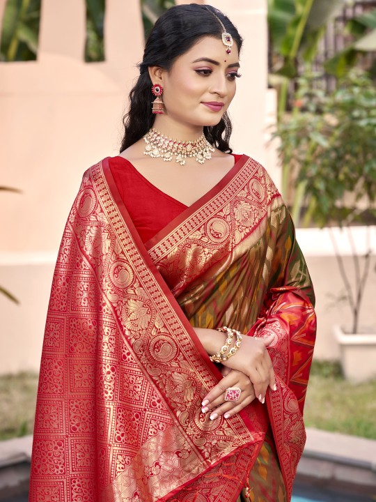 Mehendi Red Pochampalli Silk Saree — alternate view