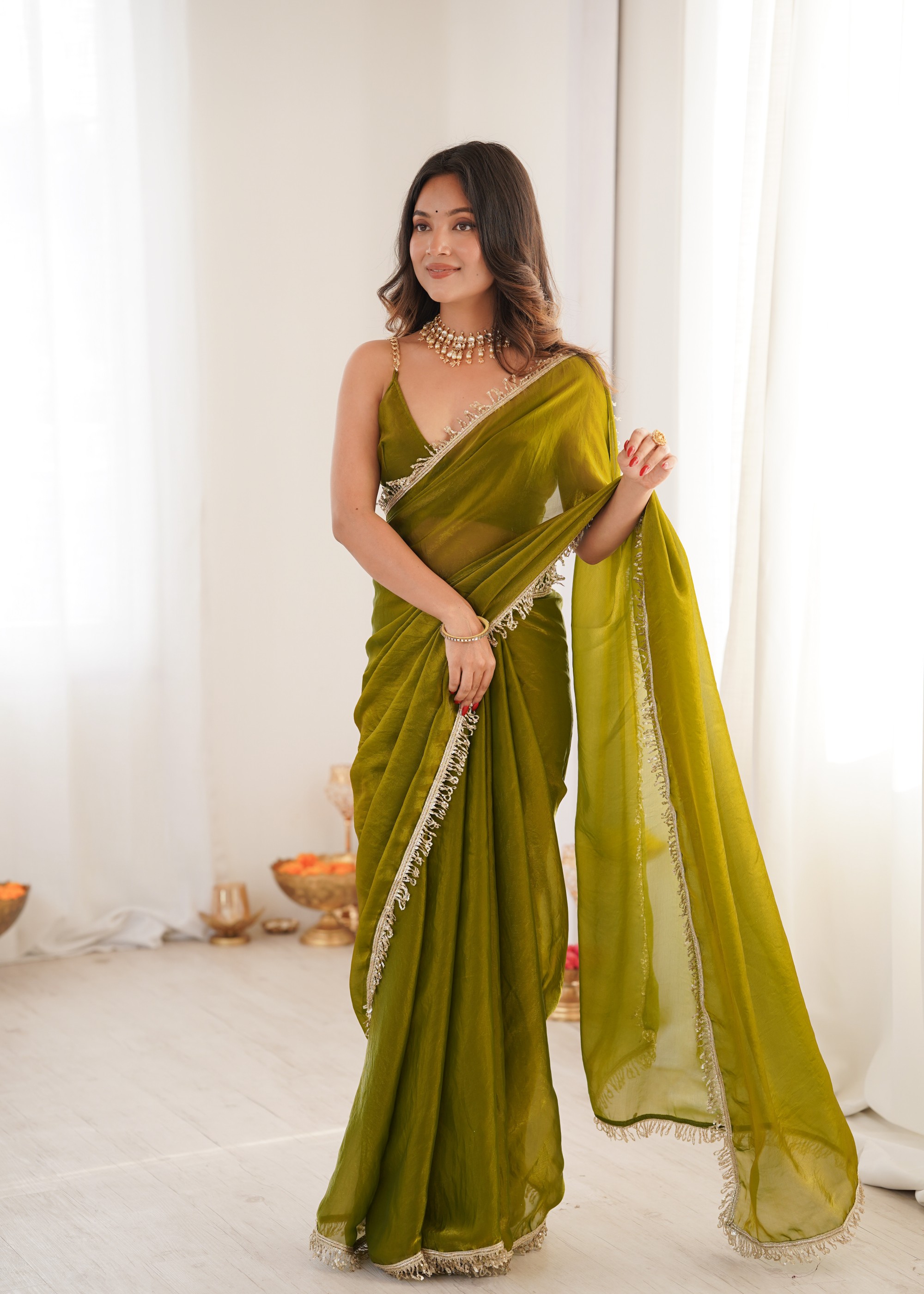 Mehendi Sequin Fendy Satin Saree