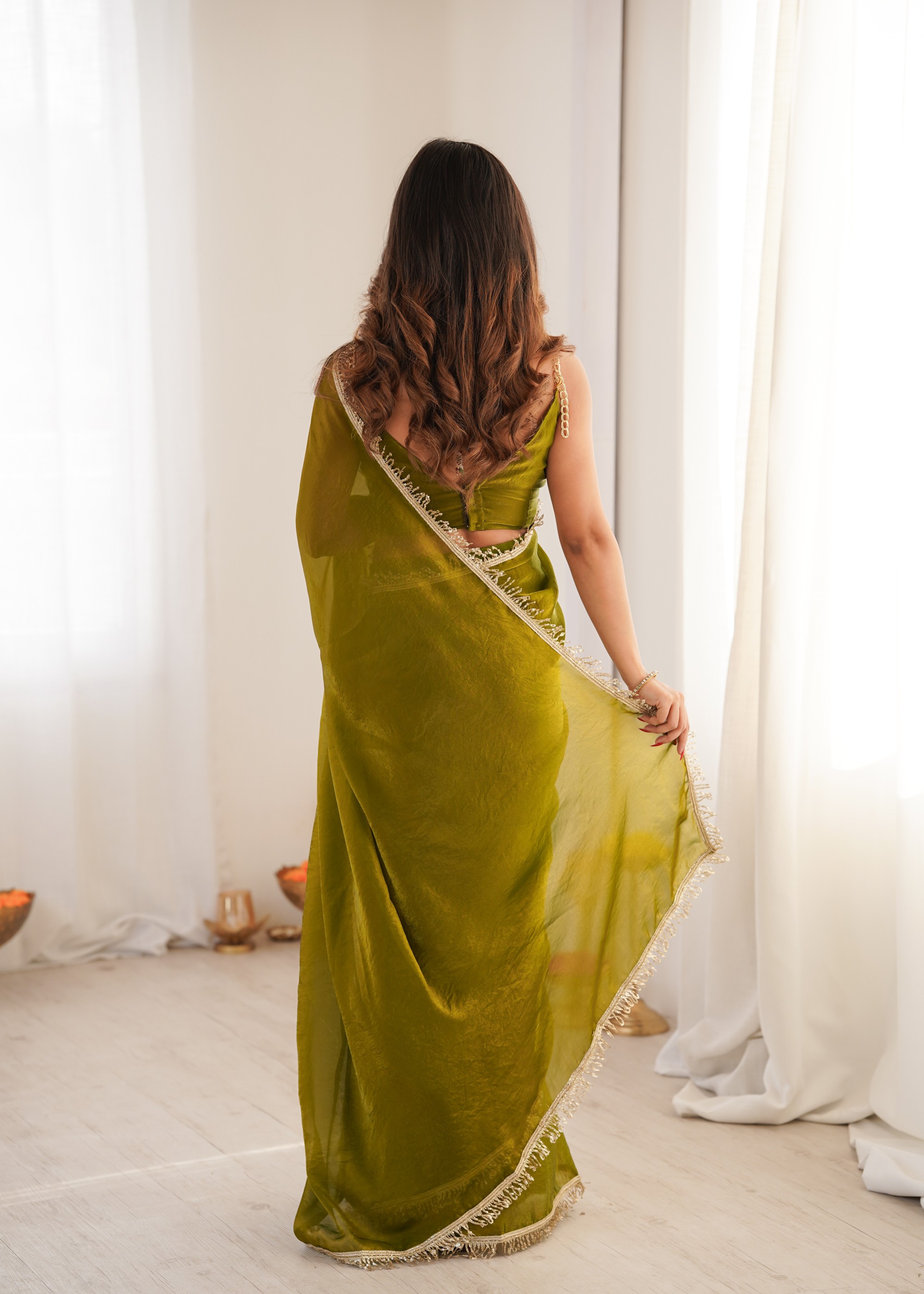 Mehendi Sequin Fendy Satin Saree — alternate view