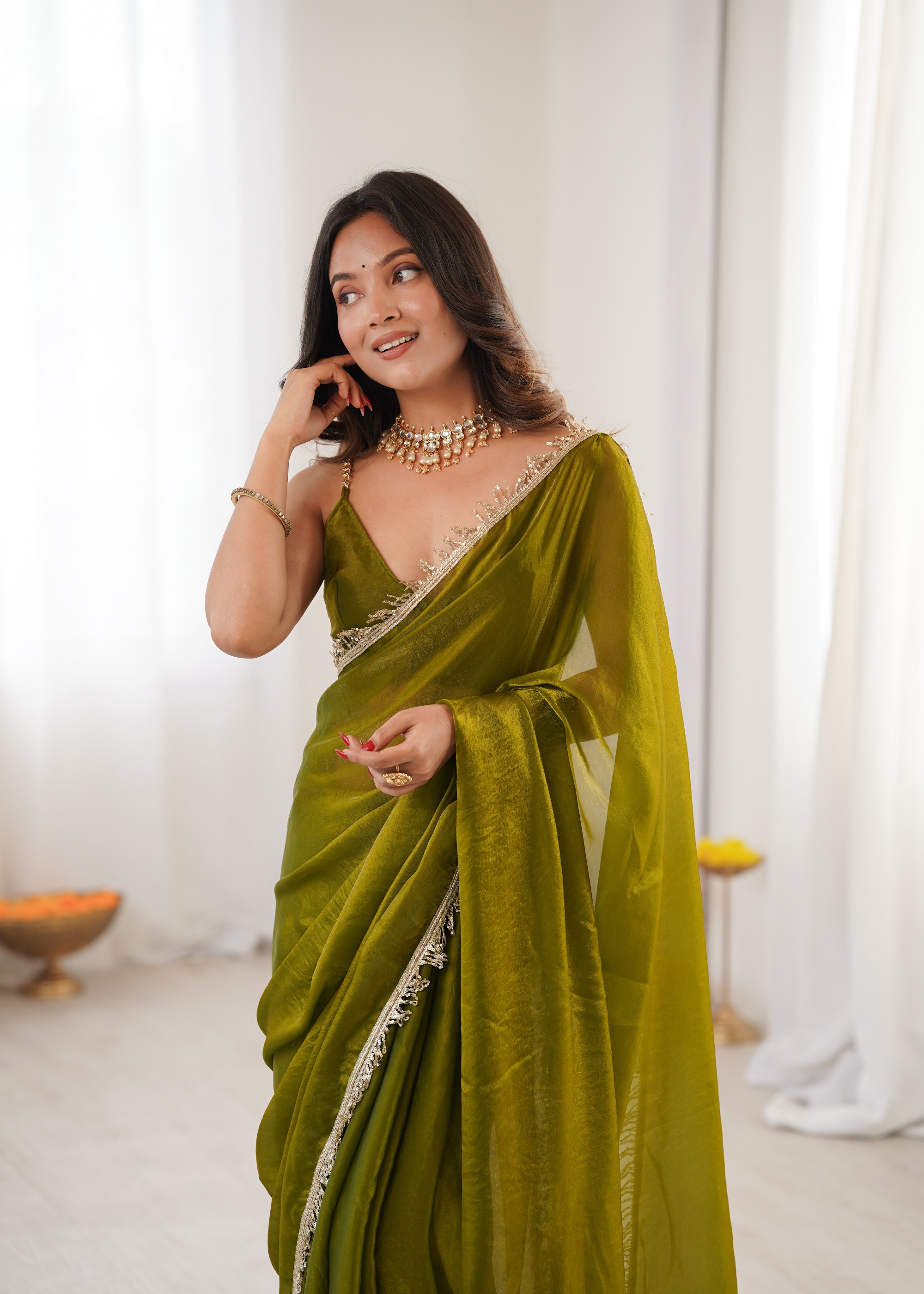 Mehendi Sequin Fendy Satin Saree