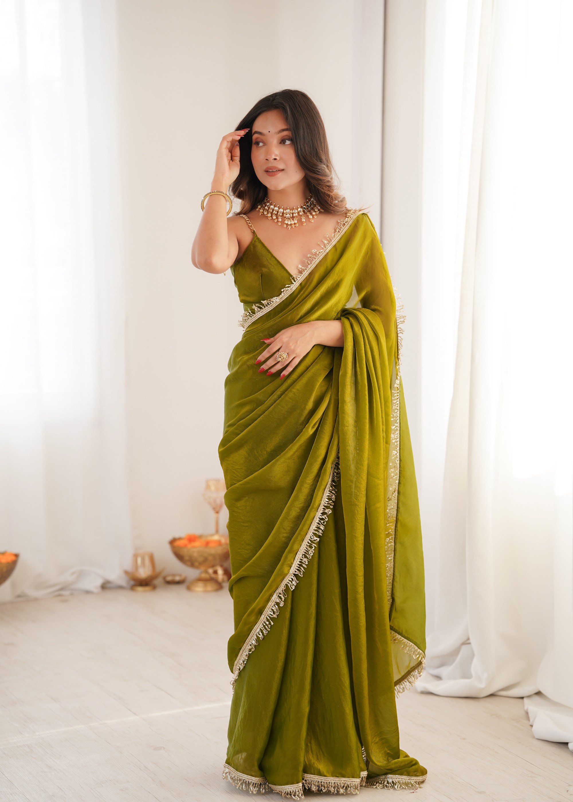 Mehendi Sequin Fendy Satin Saree