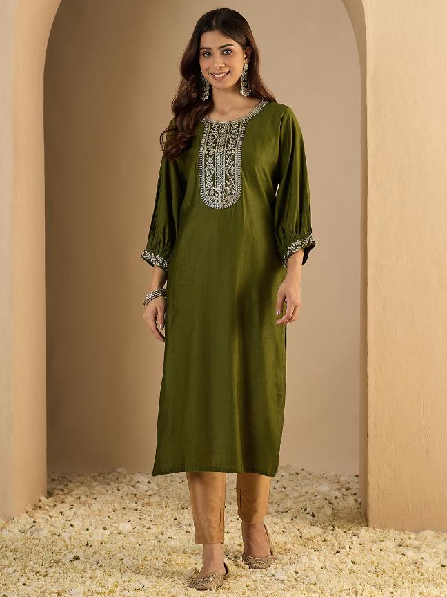 Mehendi Silk Blend Embroidered Kurti