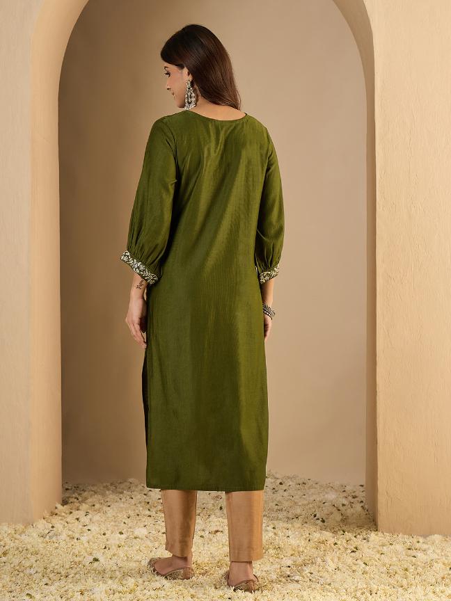 Mehendi Silk Blend Embroidered Kurti — alternate view