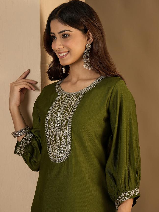 Mehendi Silk Blend Embroidered Kurti