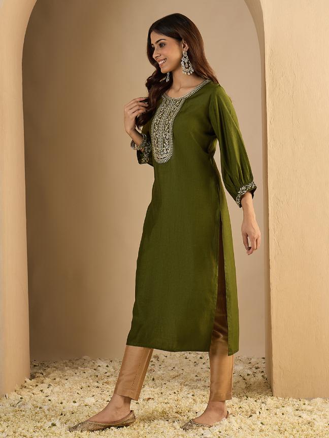 Mehendi Silk Blend Embroidered Kurti