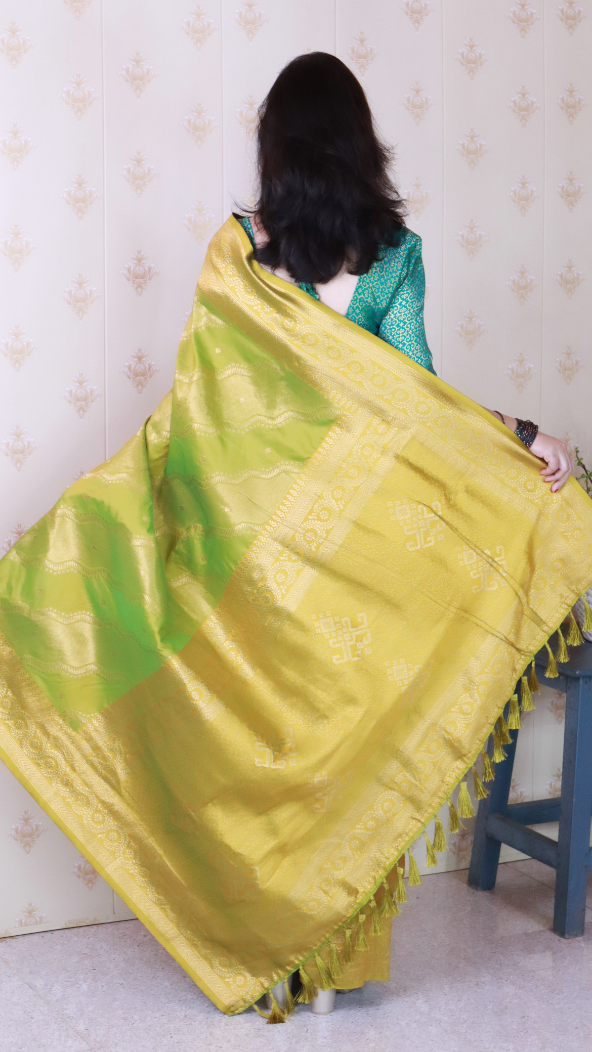 Mehendi Teal Blue Soft Silk Zari Designer Saree — alternate view