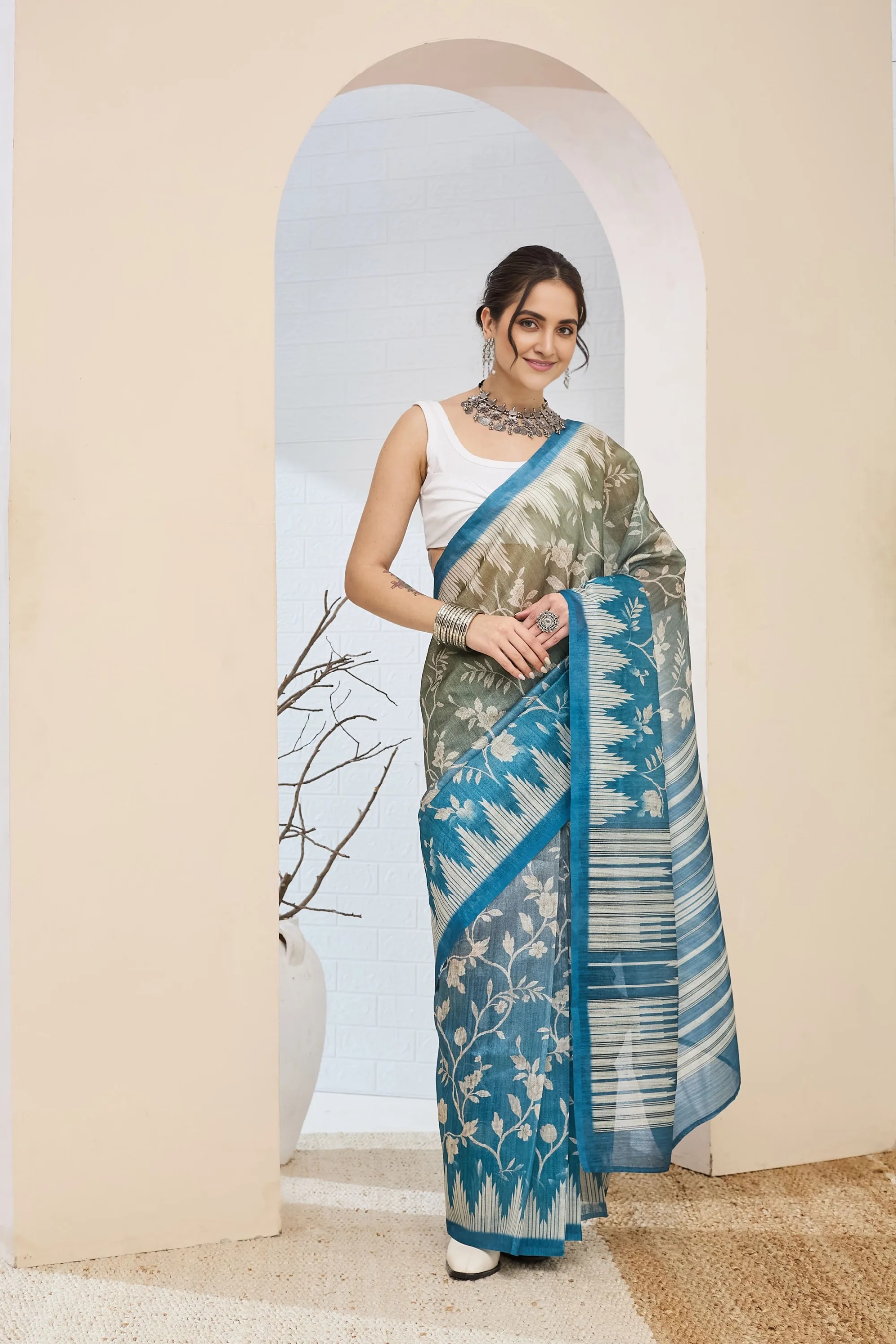 Mehendi Teal Floral Printed Silk Blend Ready To Wear Saree