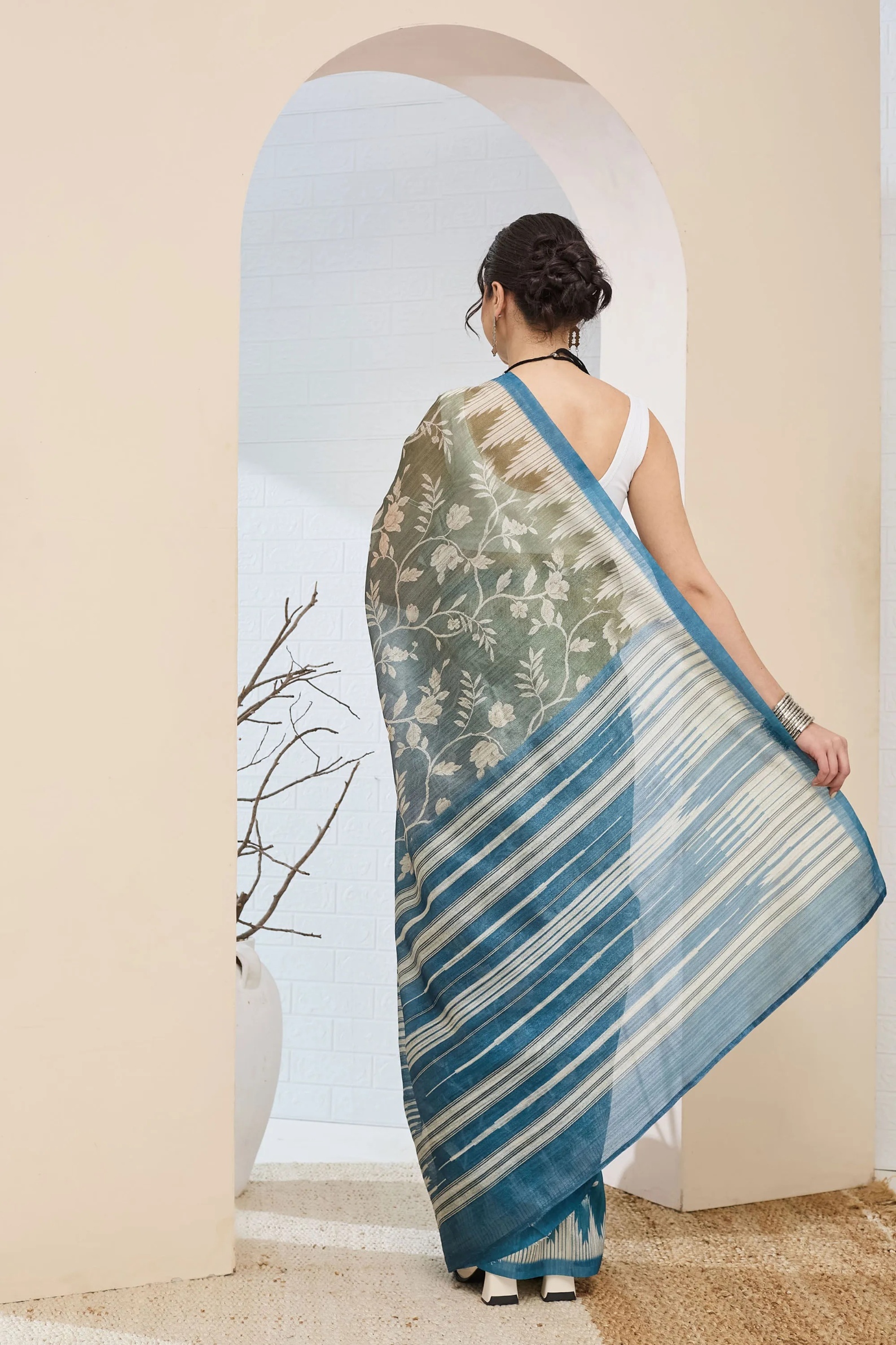 Mehendi Teal Floral Printed Silk Blend Ready To Wear Saree — alternate view