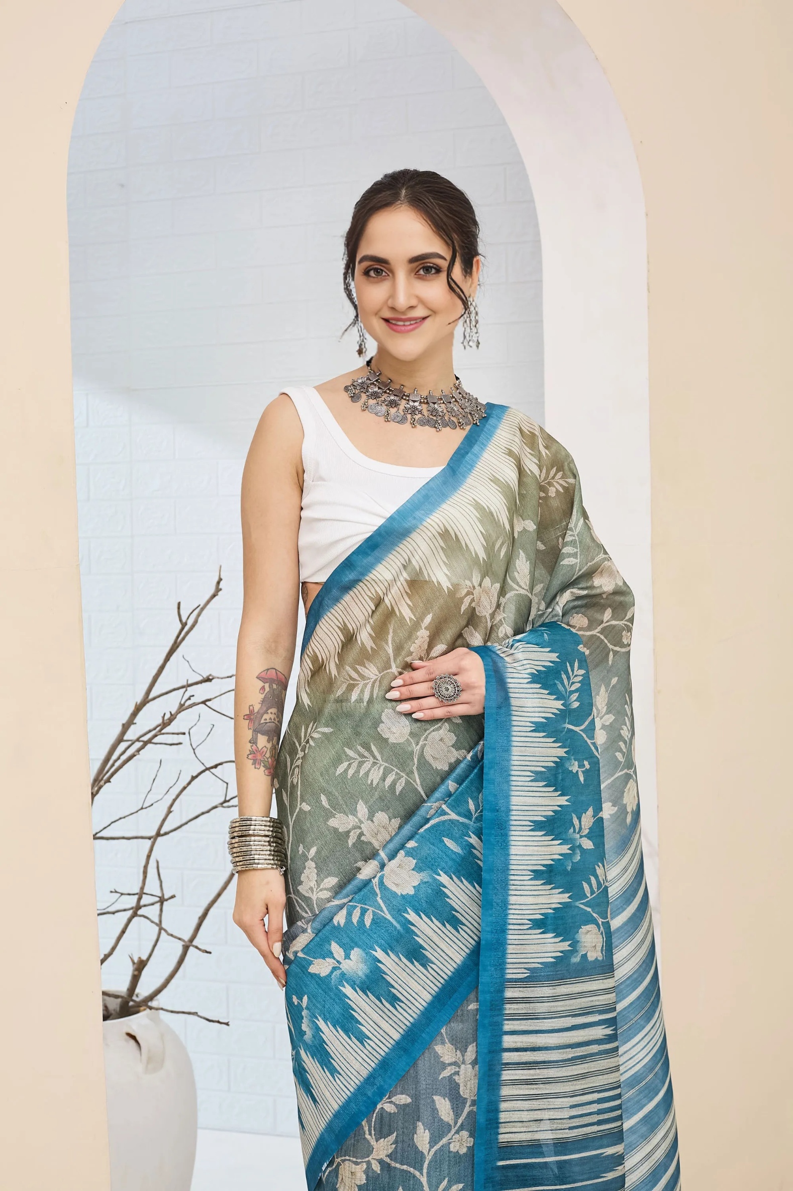 Mehendi Teal Floral Printed Silk Blend Ready To Wear Saree