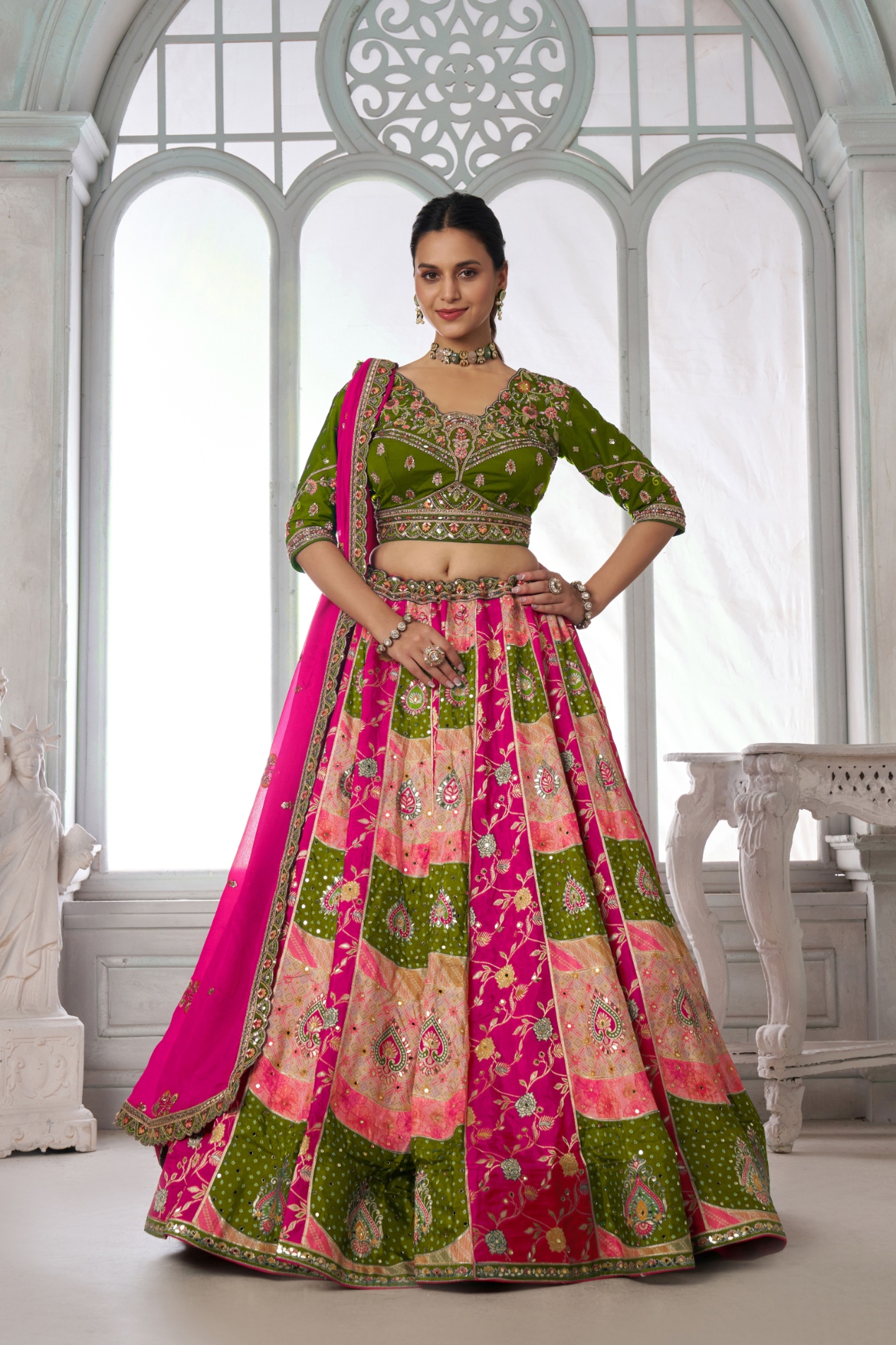 Mehendi Temple Chinon Lehenga Choli