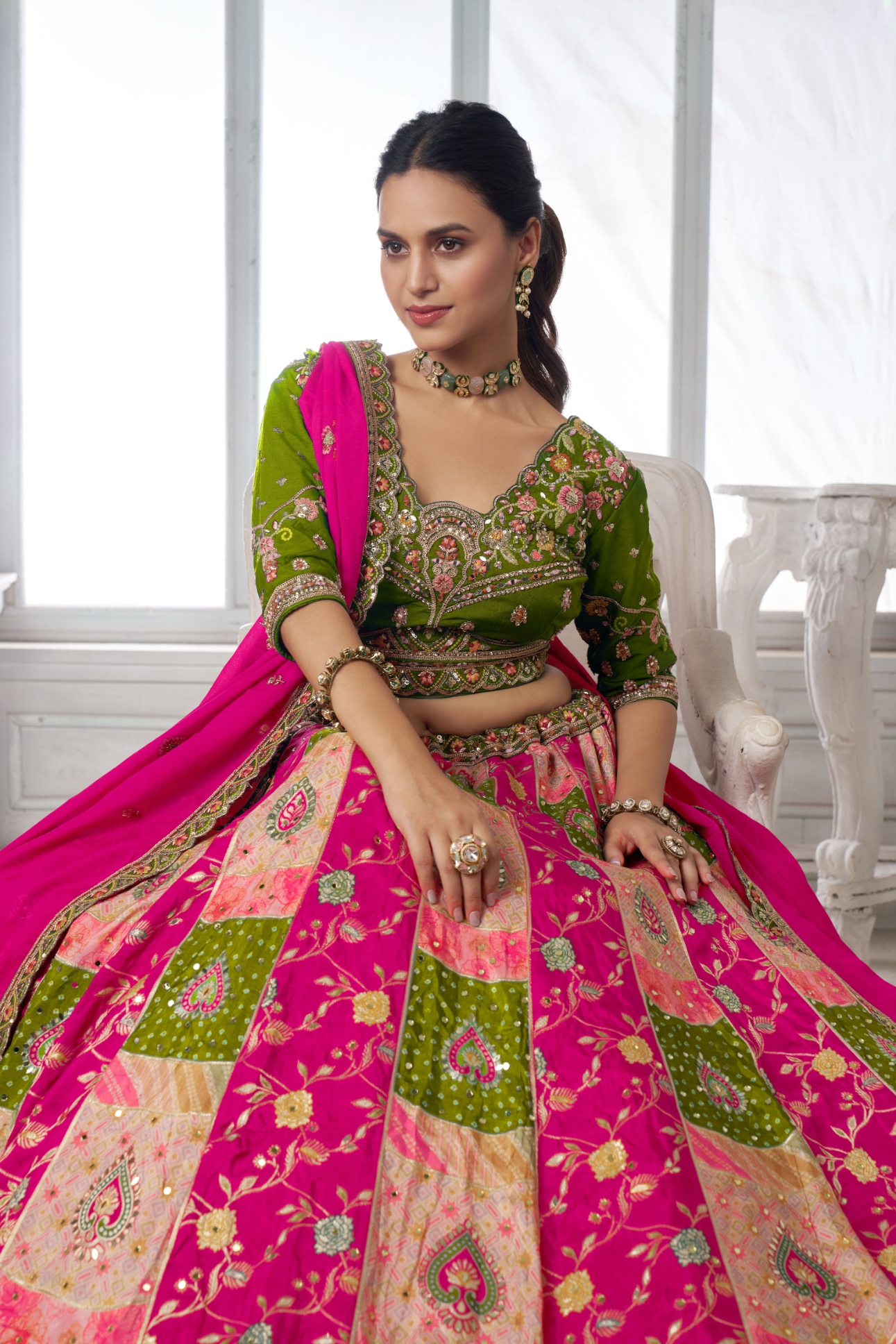 Mehendi Temple Chinon Lehenga Choli
