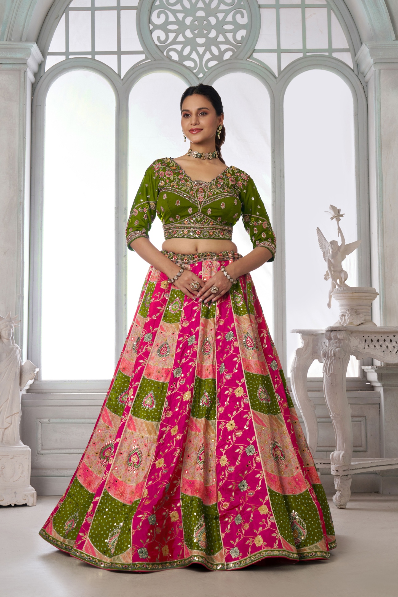 Mehendi Temple Chinon Lehenga Choli