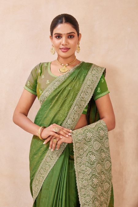 Mehendi Tow Ton Silk Saree with Zari Pallu