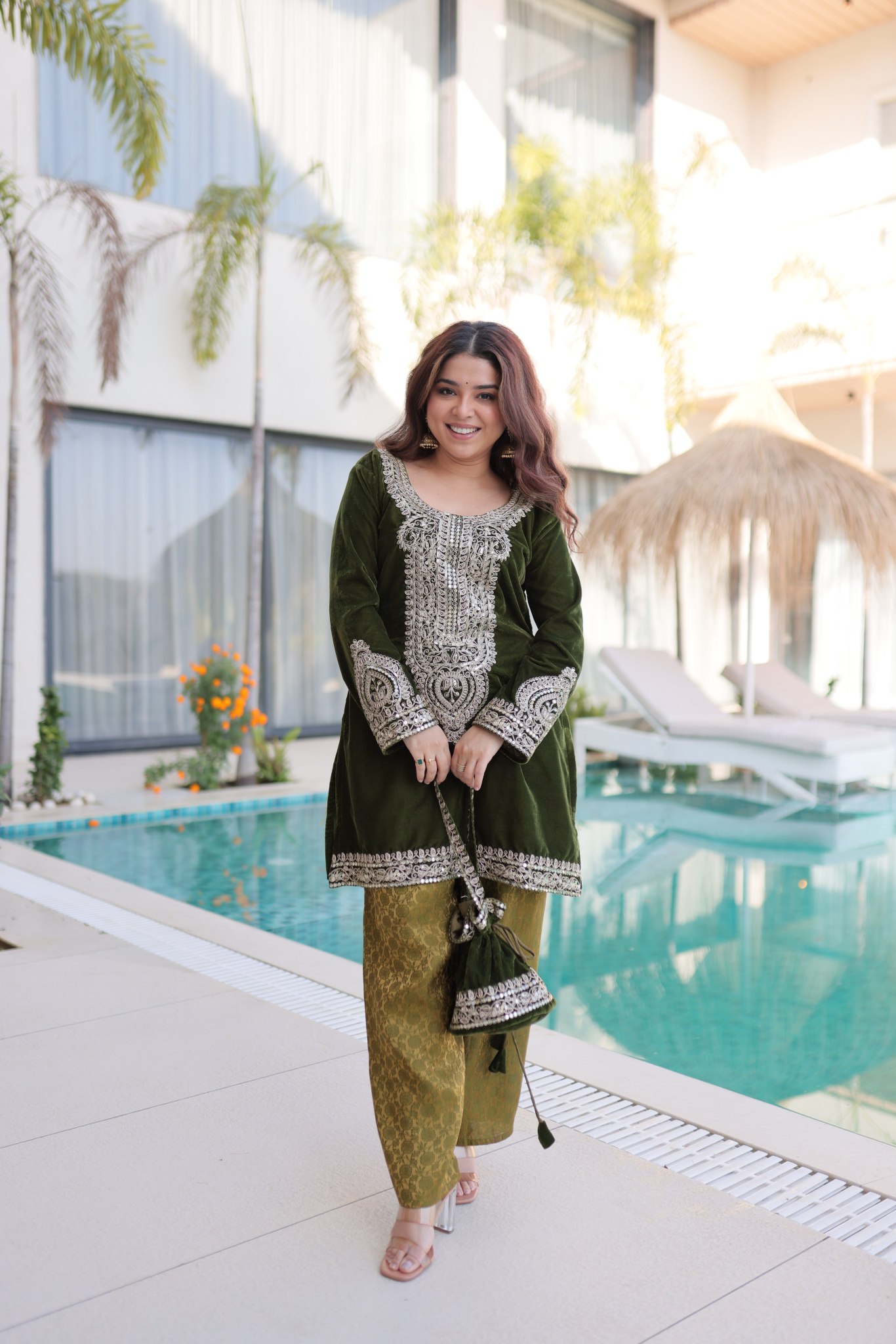Mehendi Velvet Mirror Work with Zari Embroidered Sharara Suit