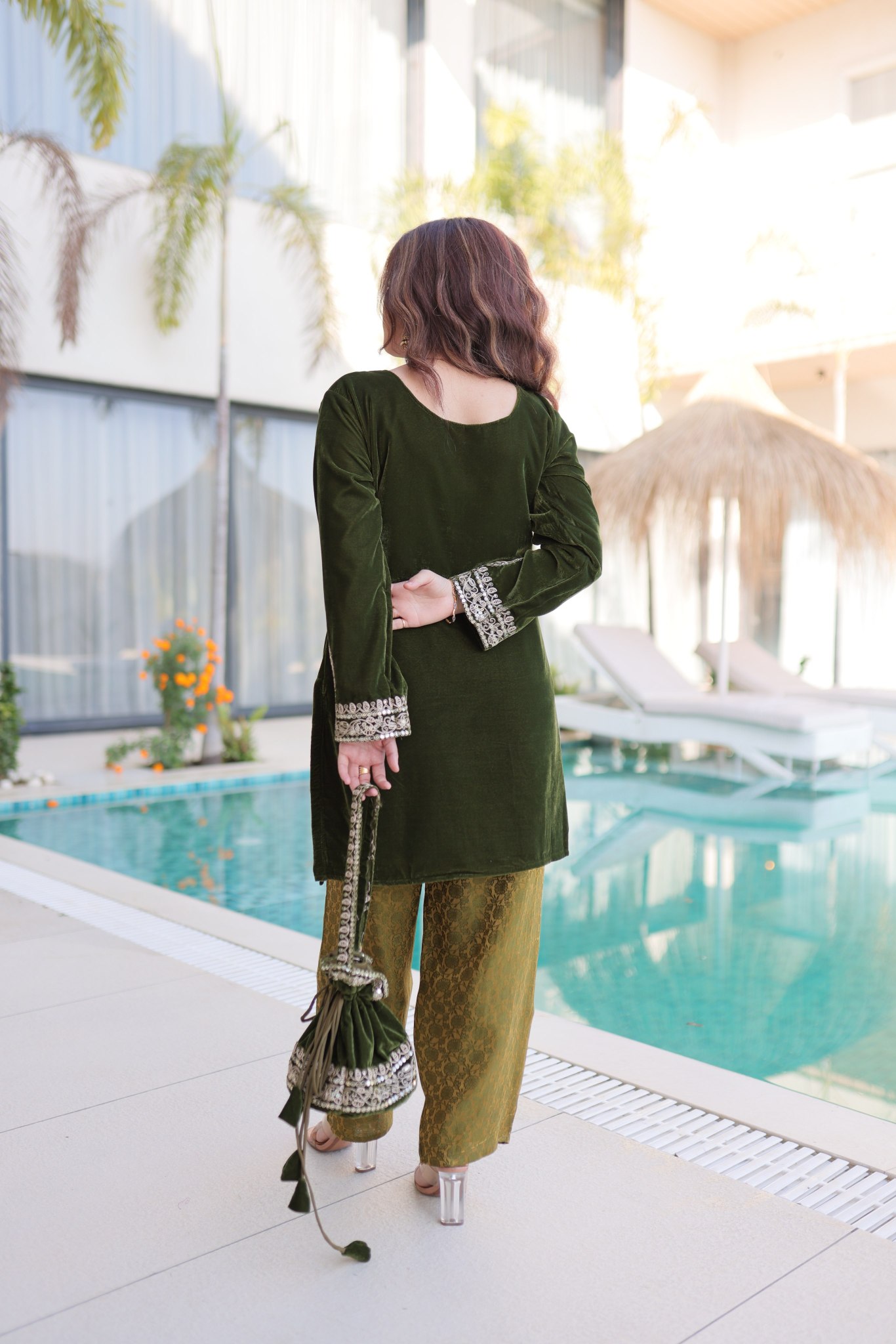 Mehendi Velvet Mirror Work with Zari Embroidered Sharara Suit — alternate view