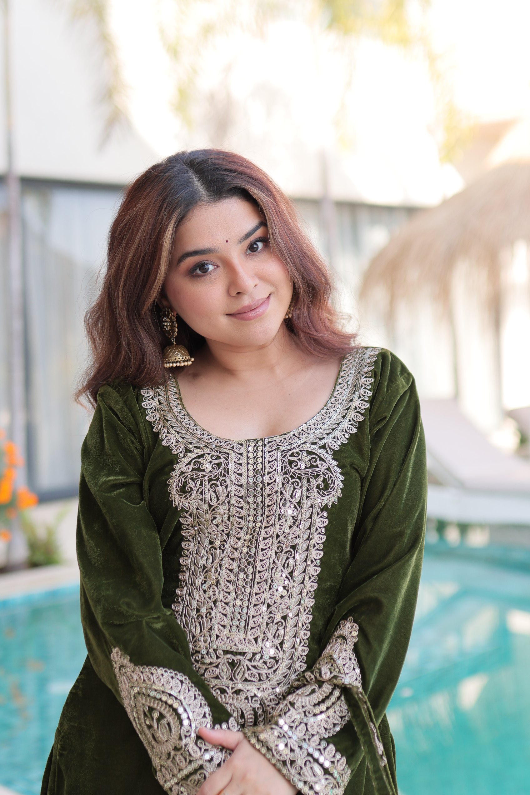 Mehendi Velvet Mirror Work with Zari Embroidered Sharara Suit