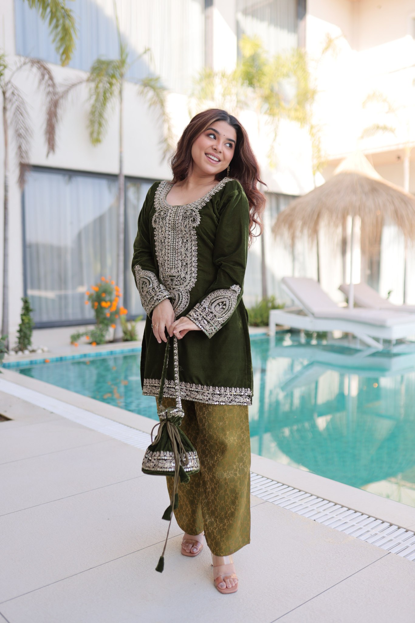 Mehendi Velvet Mirror Work with Zari Embroidered Sharara Suit