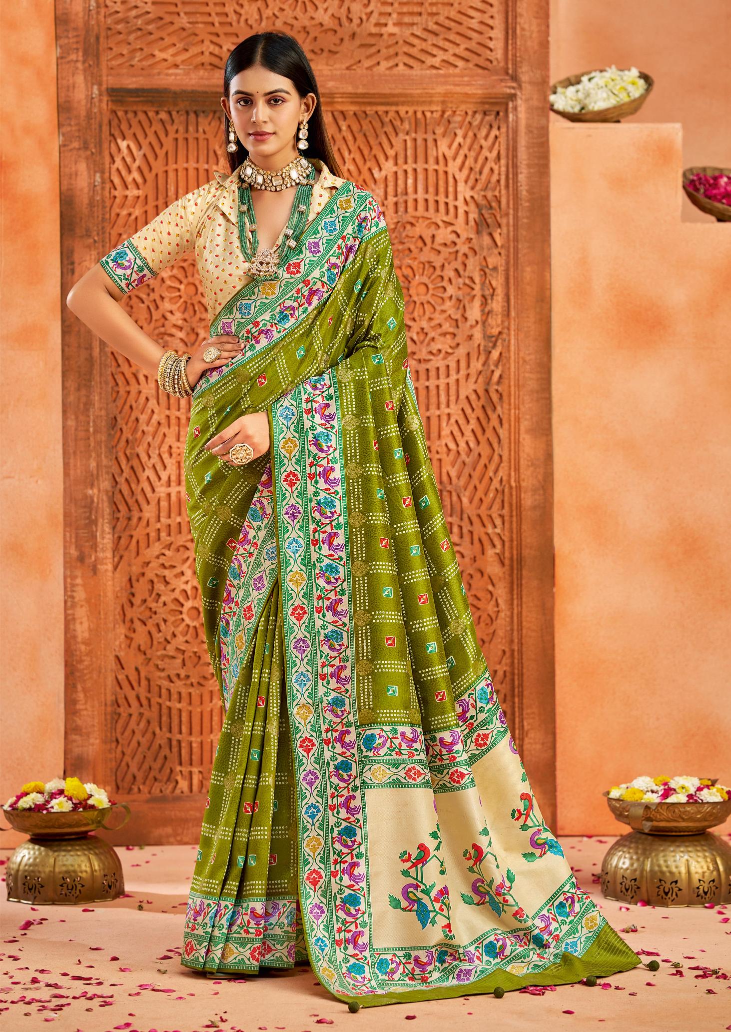 Mehendi Velvet Tussar Silk Saree