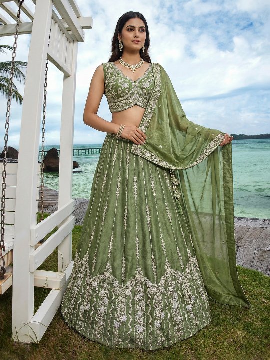 Mehendi Vertical Floral Sequin Chiffon Lehenga Choli