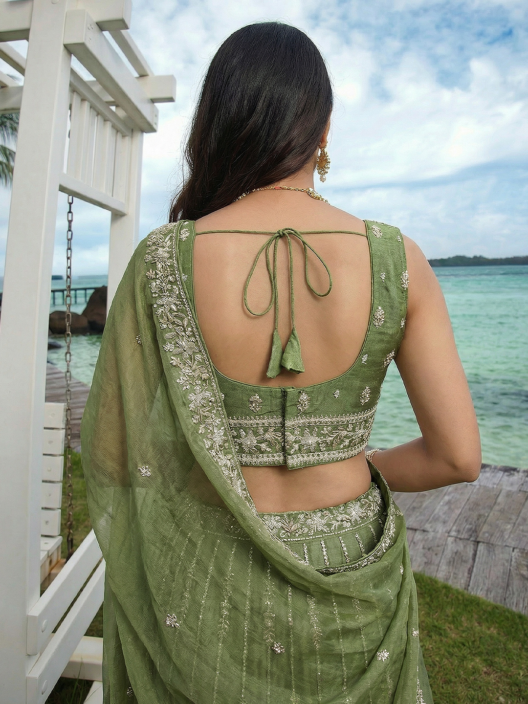 Mehendi Vertical Floral Sequin Chiffon Lehenga Choli — alternate view