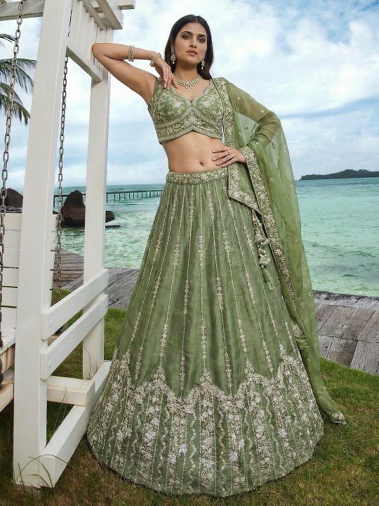 Mehendi Vertical Floral Sequin Chiffon Lehenga Choli