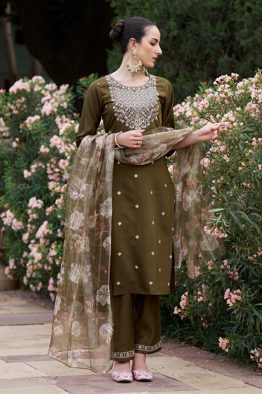 Mehendi Viscose Rayon Readymade Suit