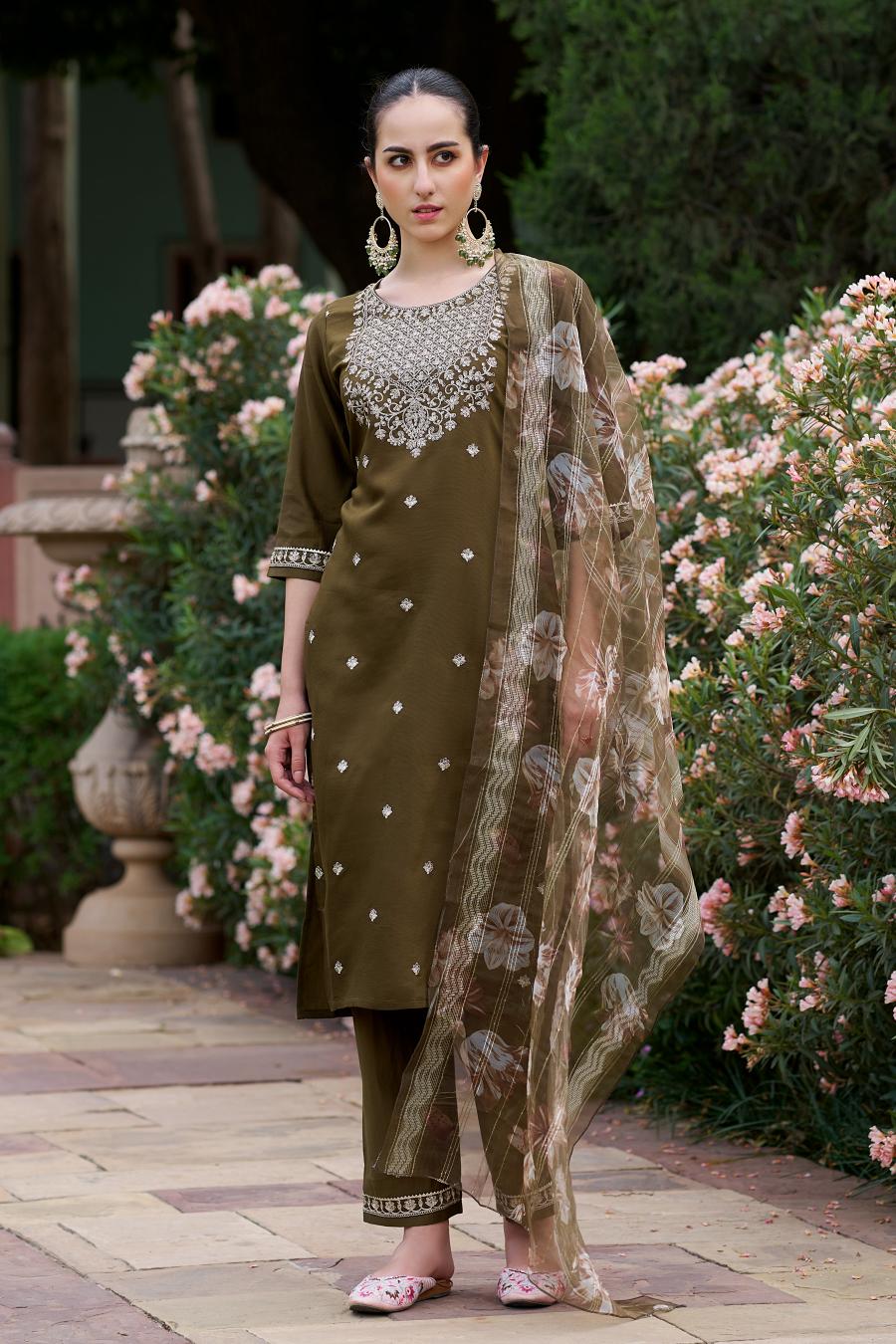 Mehendi Viscose Rayon Readymade Suit