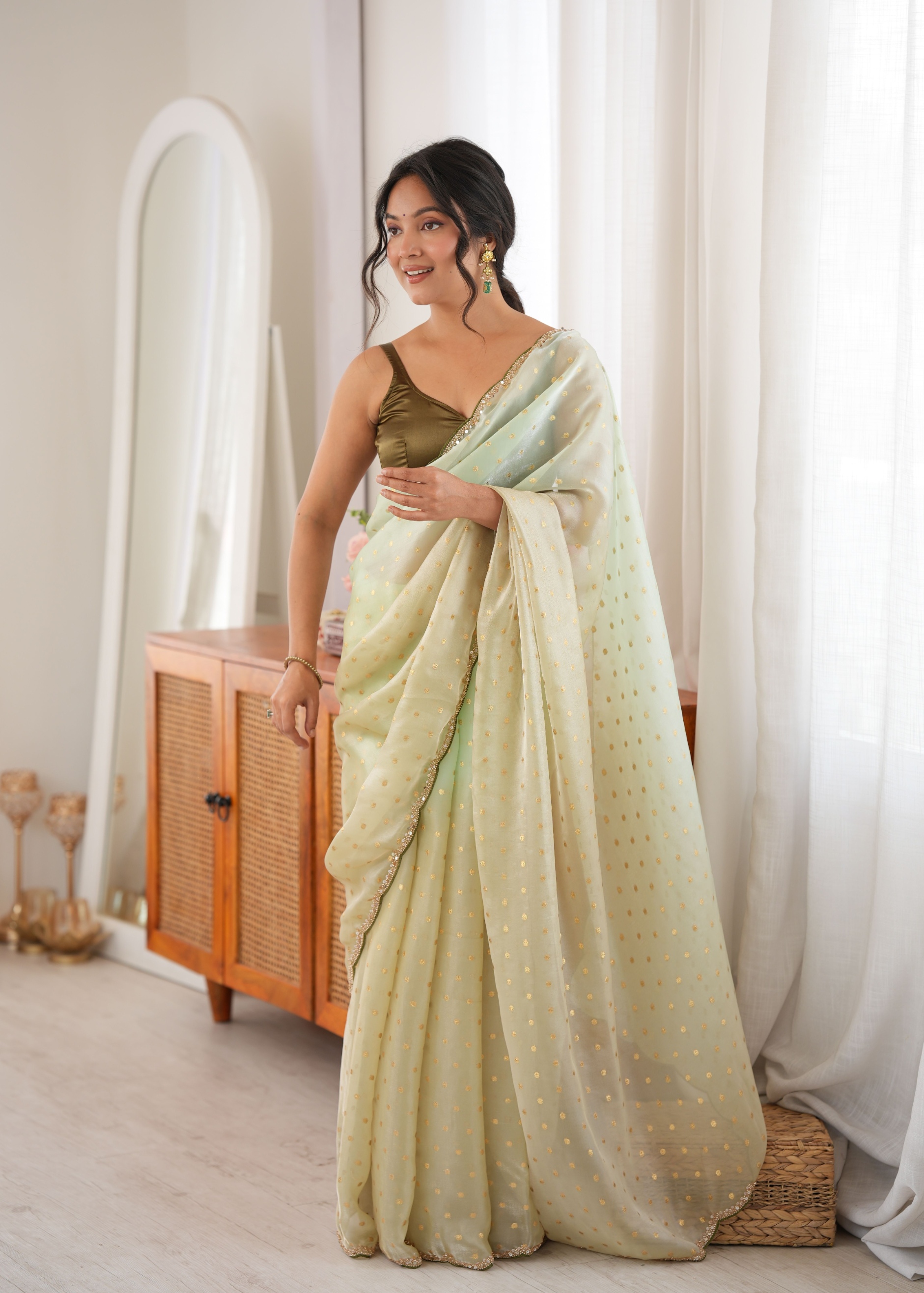 Mehendi Woven Butti Beads Fendy Satin Saree