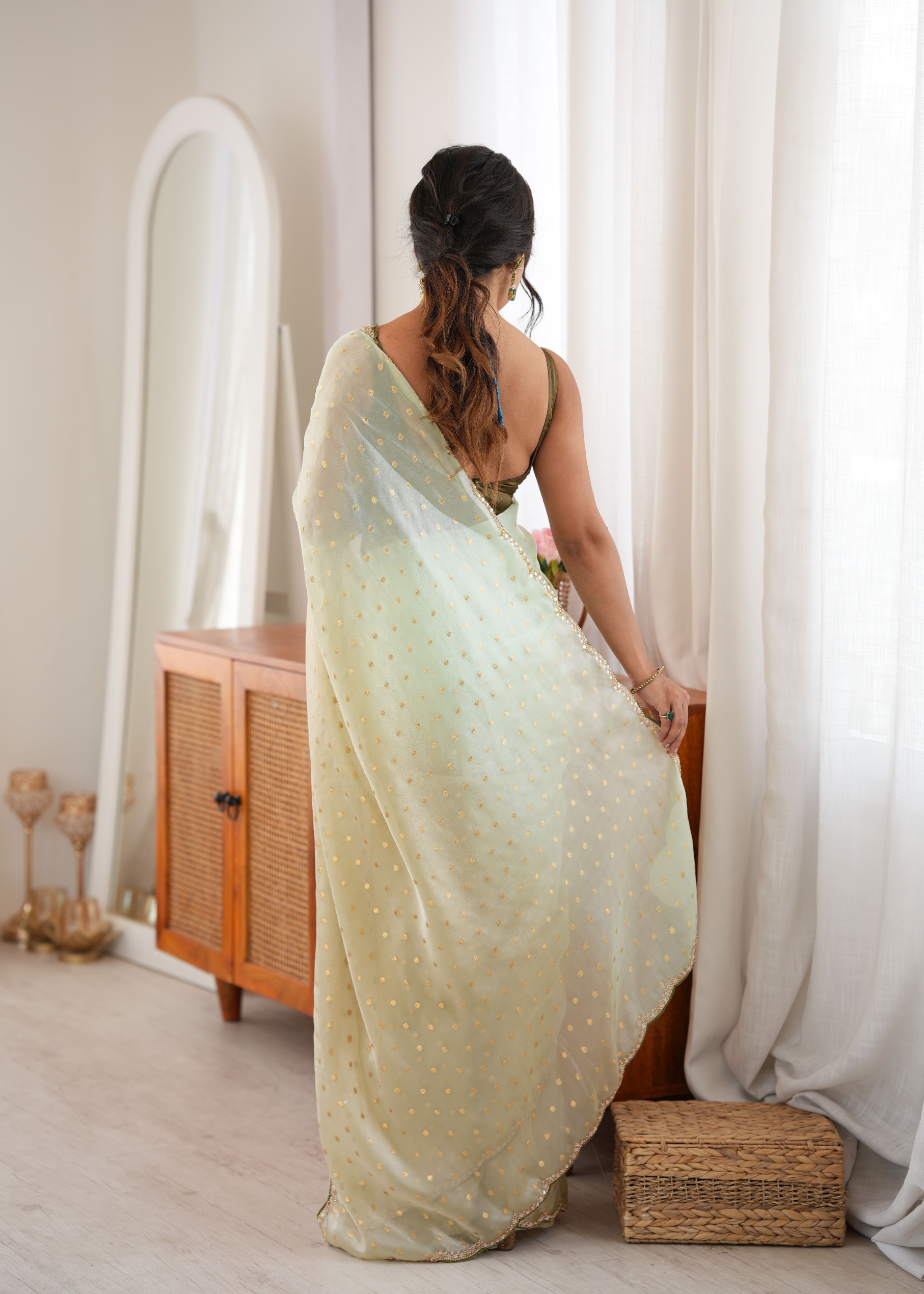 Mehendi Woven Butti Beads Fendy Satin Saree — alternate view
