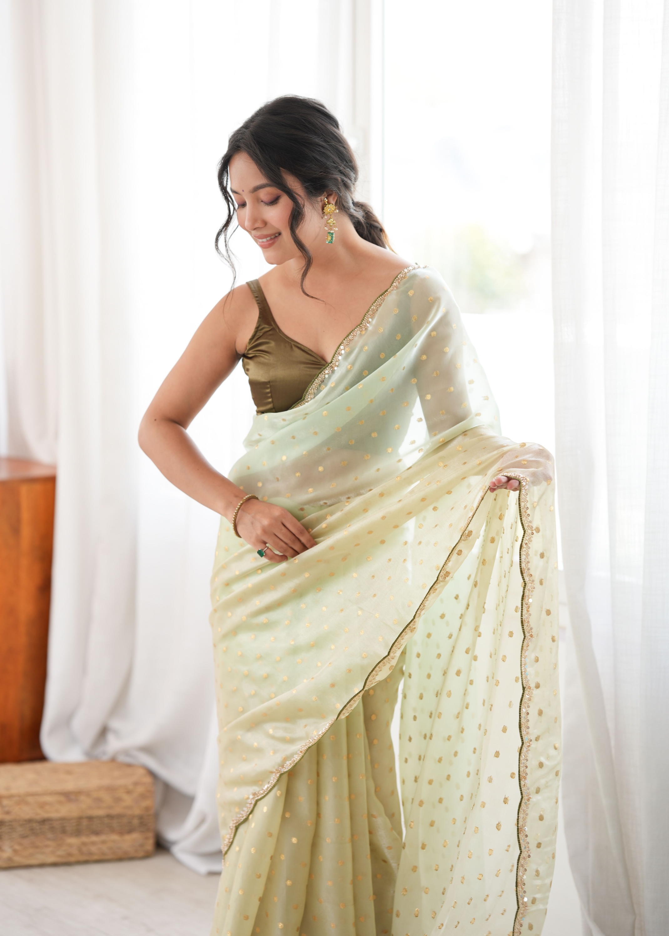 Mehendi Woven Butti Beads Fendy Satin Saree