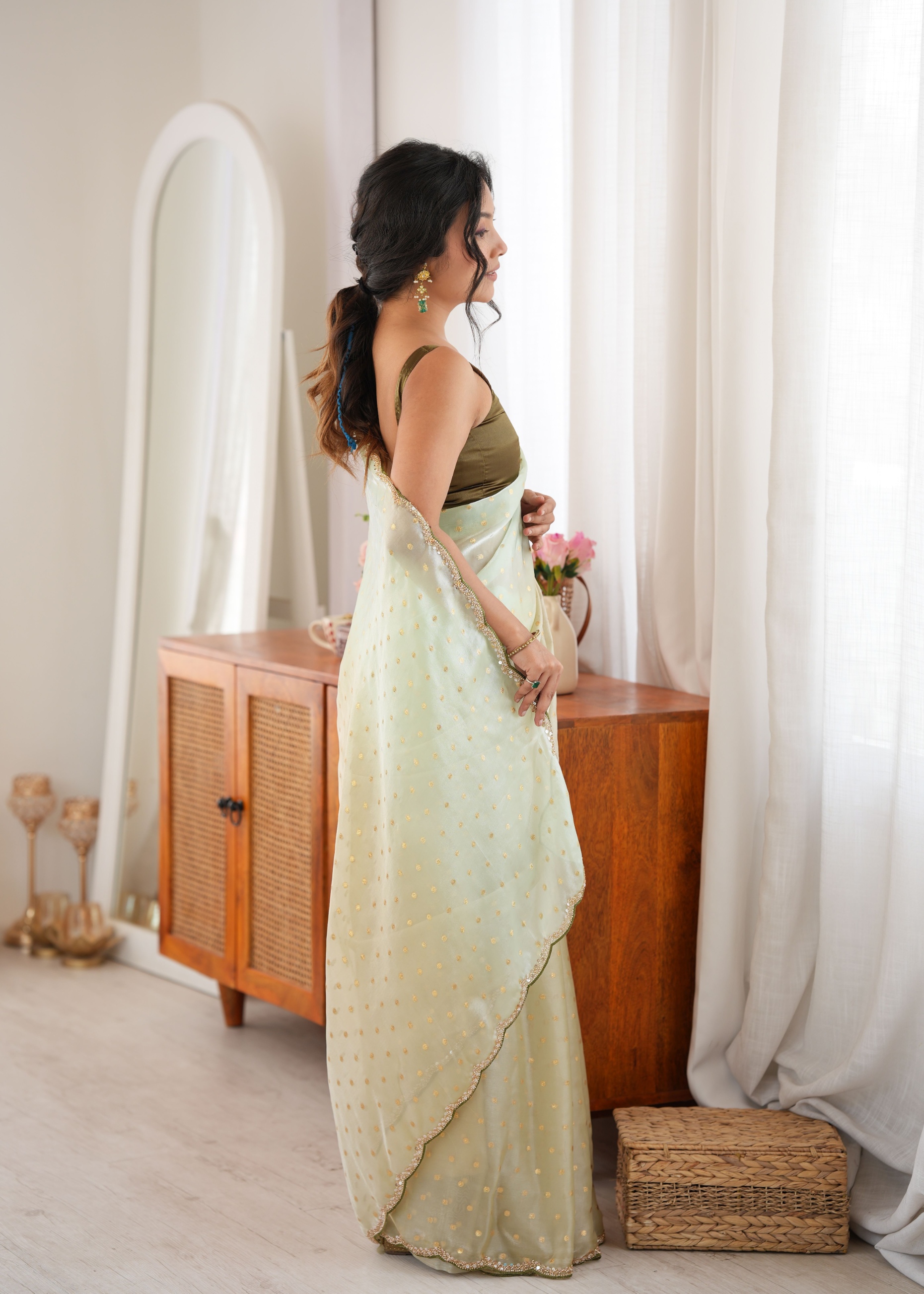 Mehendi Woven Butti Beads Fendy Satin Saree
