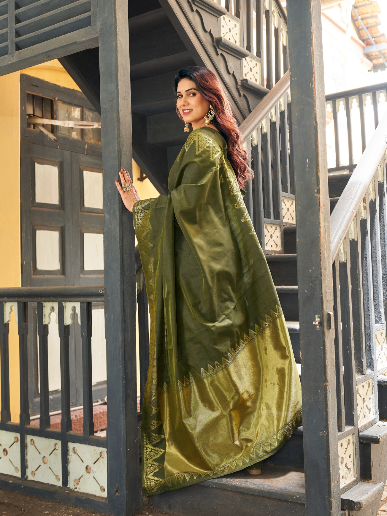 Mehendi Woven Gold Zari Banarasi Raw Silk Saree — alternate view