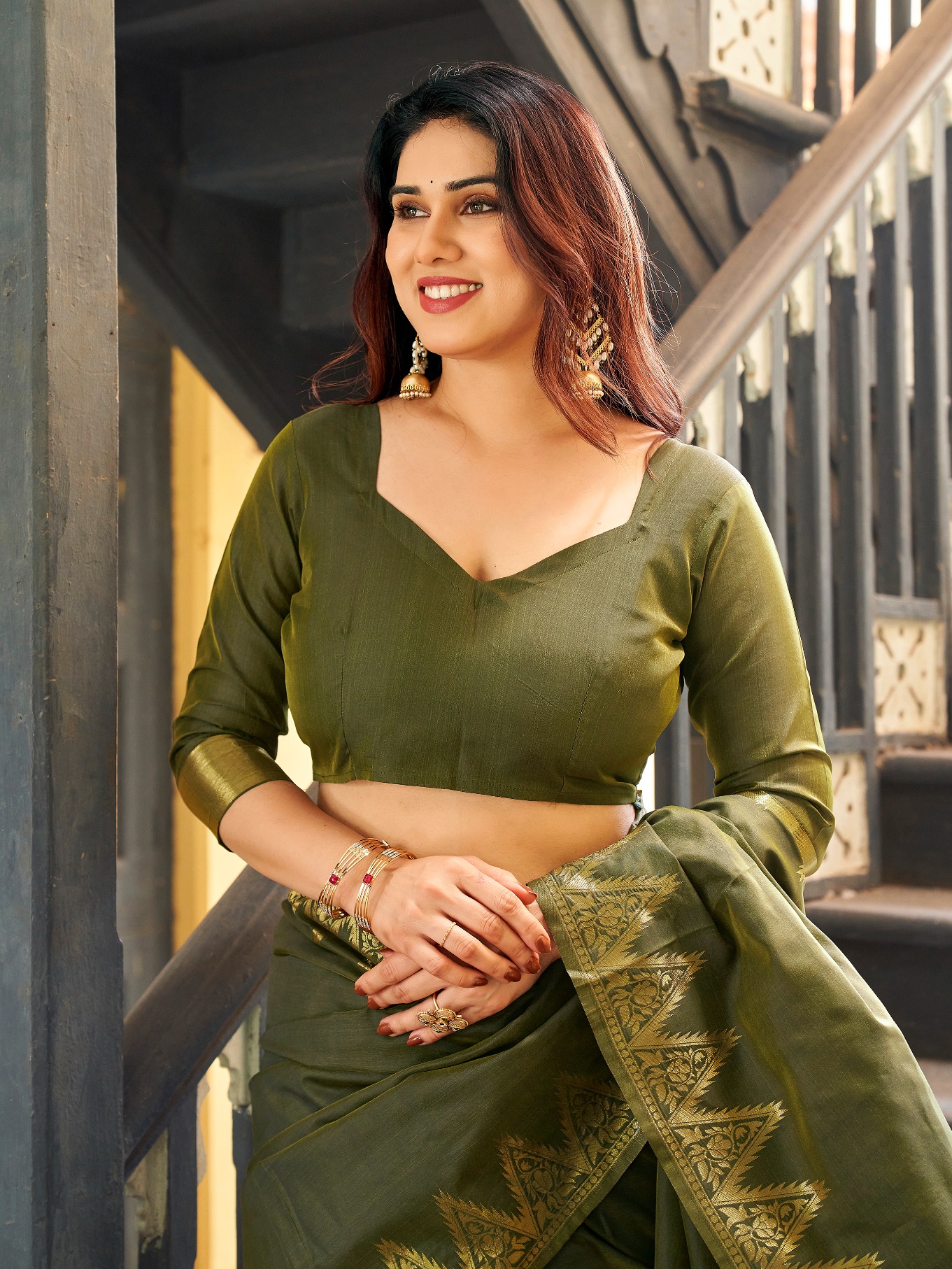 Mehendi Woven Gold Zari Banarasi Raw Silk Saree
