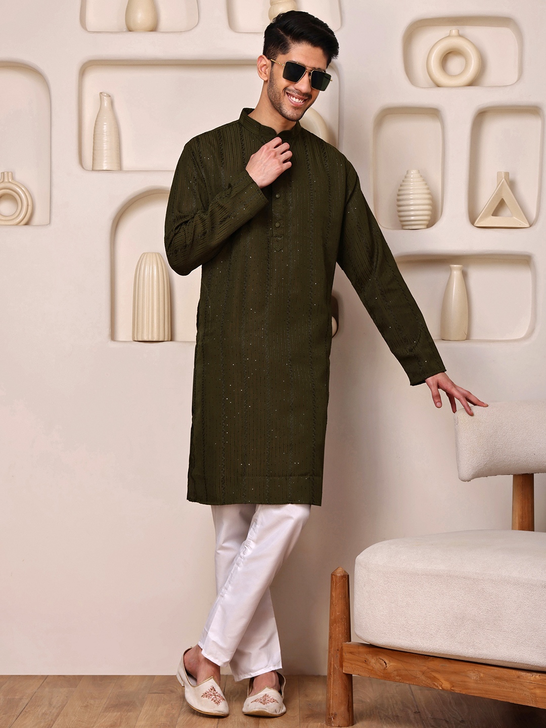 Mehendi Woven Sequence Embroidery Cotton Blend Kurta Pyjama