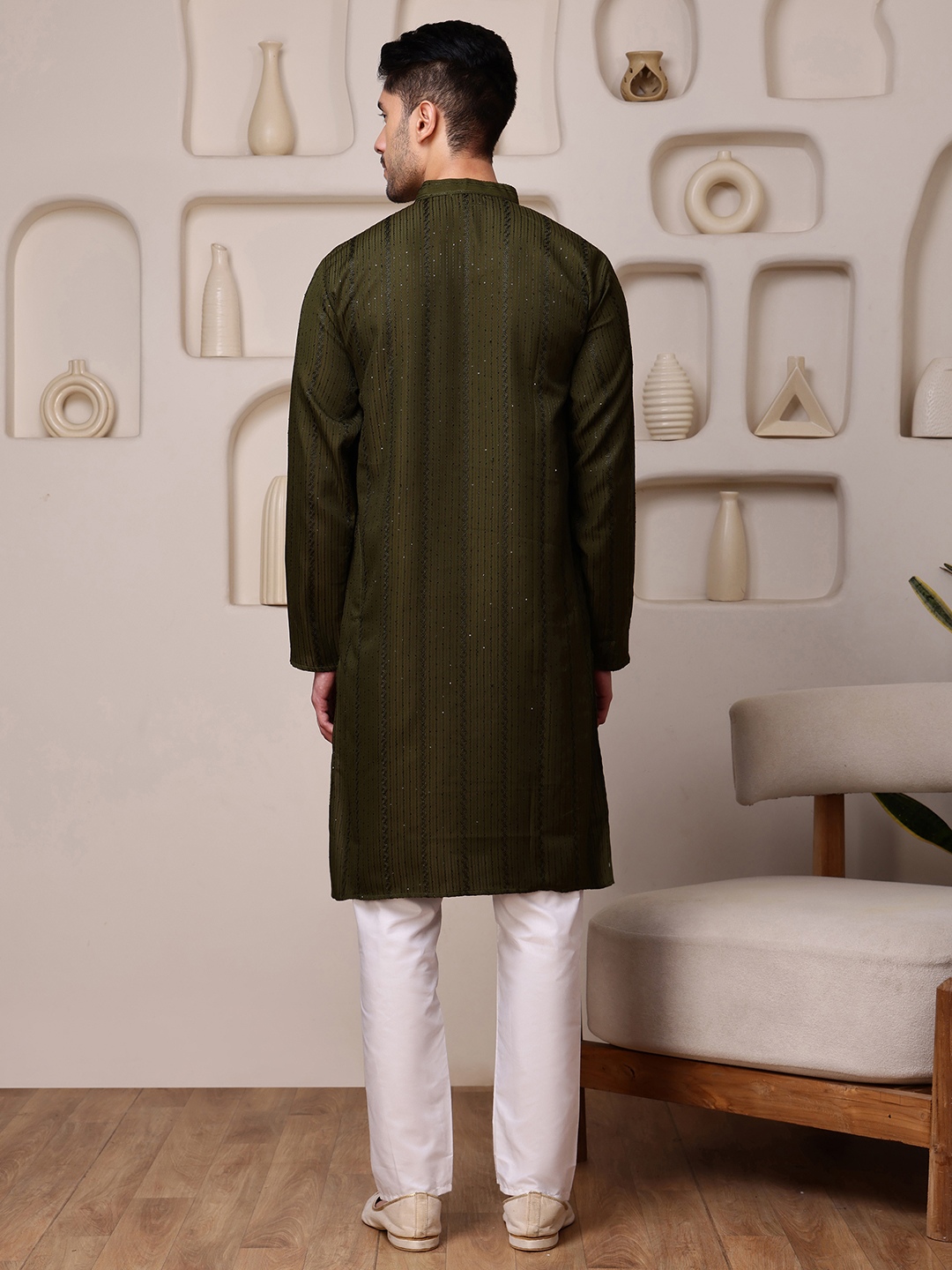 Mehendi Woven Sequence Embroidery Cotton Blend Kurta Pyjama — alternate view