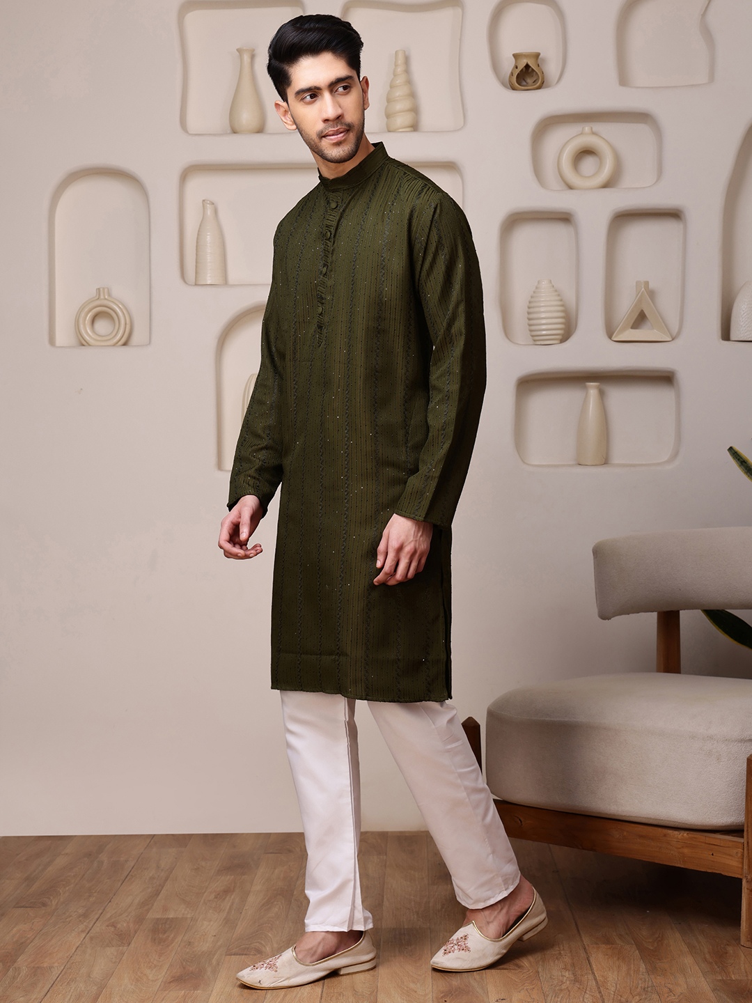 Mehendi Woven Sequence Embroidery Cotton Blend Kurta Pyjama