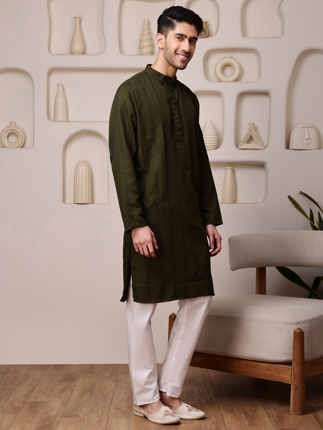 Mehendi Woven Sequence Embroidery Cotton Blend Kurta Pyjama