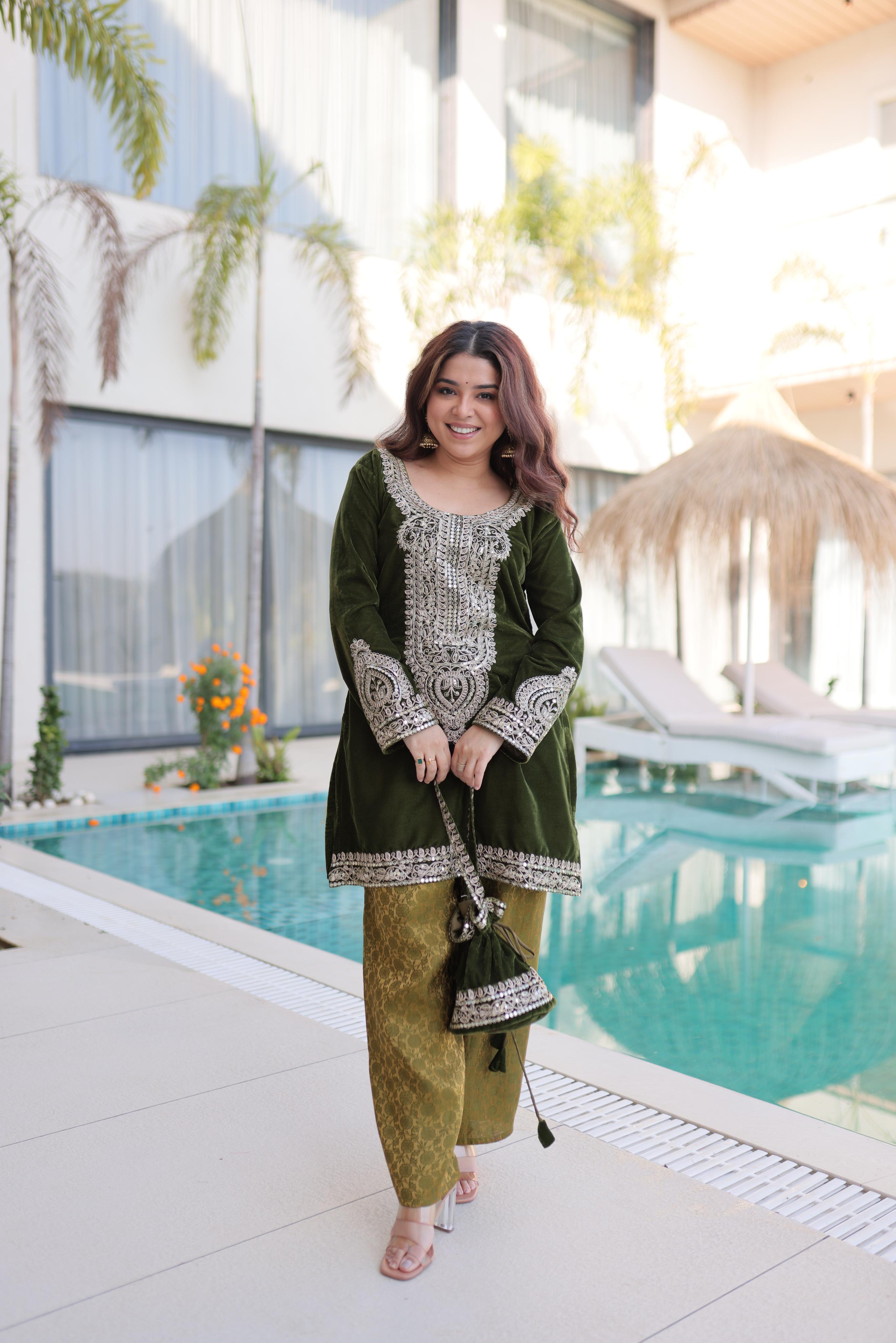 Mehendi Zari Sequins Velvet Kurta Palazzo Set