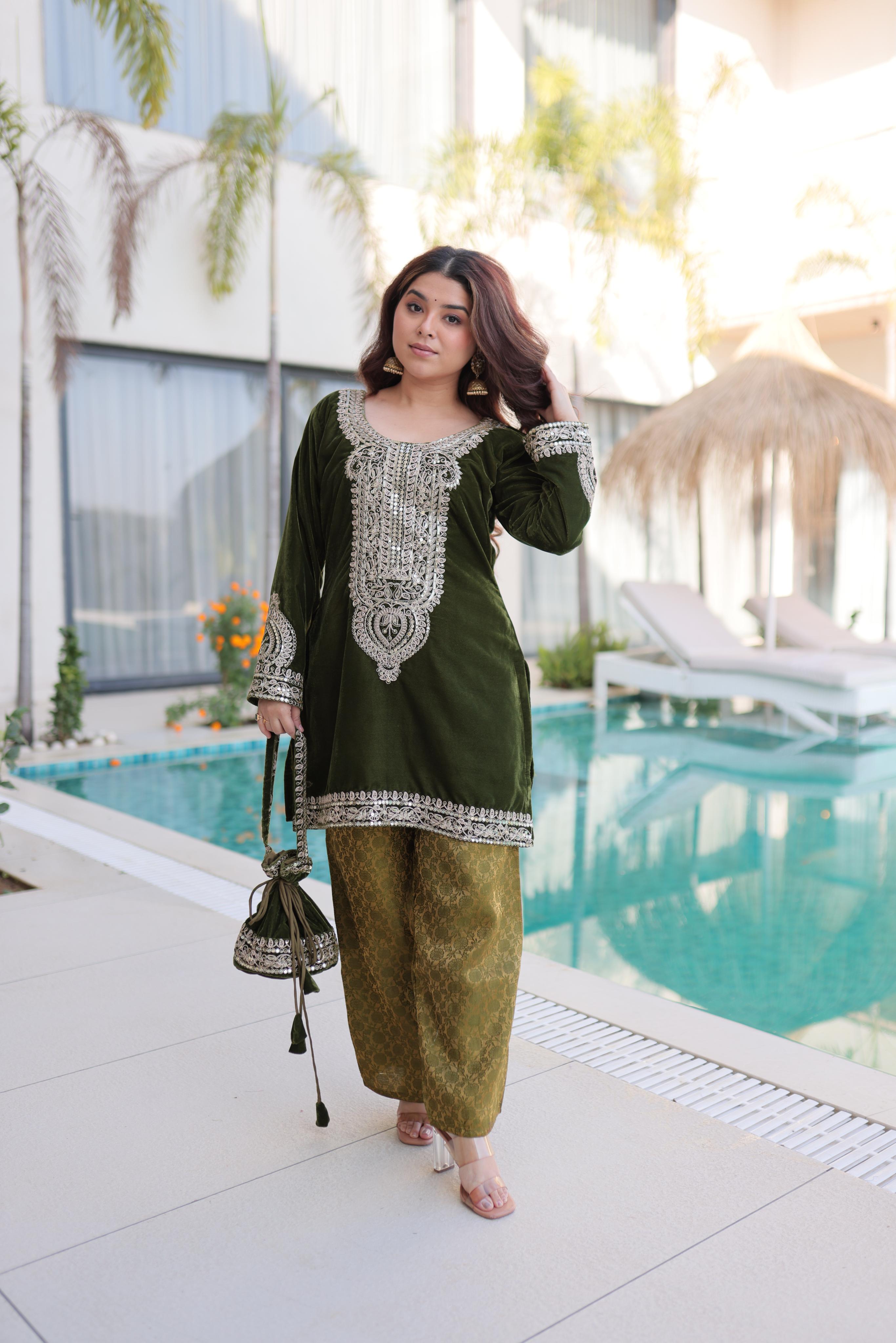 Mehendi Zari Sequins Velvet Kurta Palazzo Set