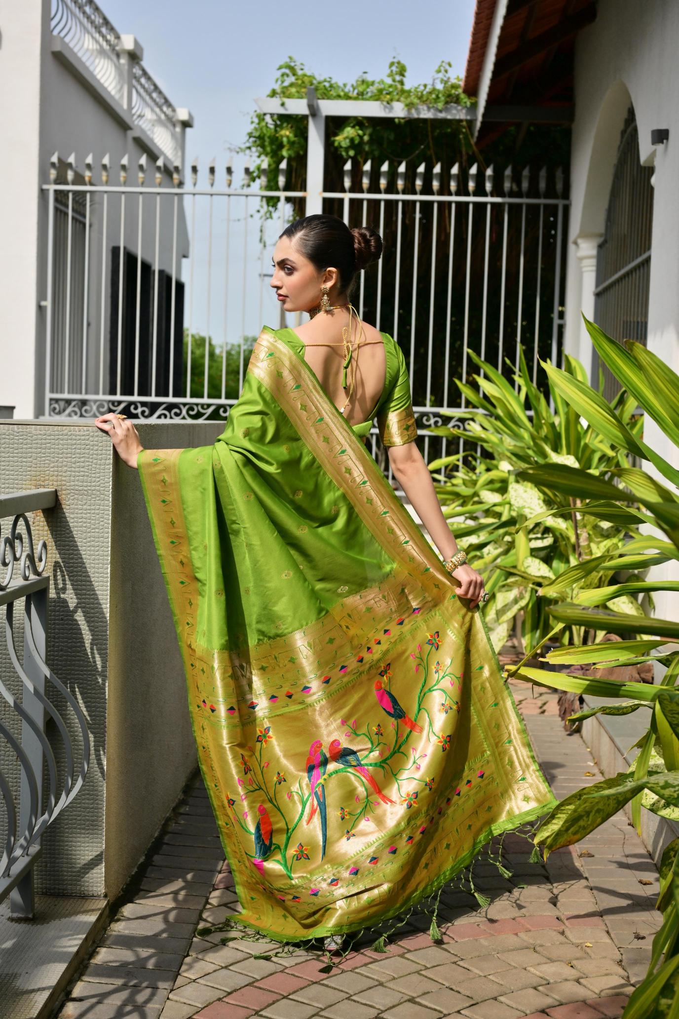 Mehendi Zari Woven Meenakari Designer Banarasi Silk Saree — alternate view