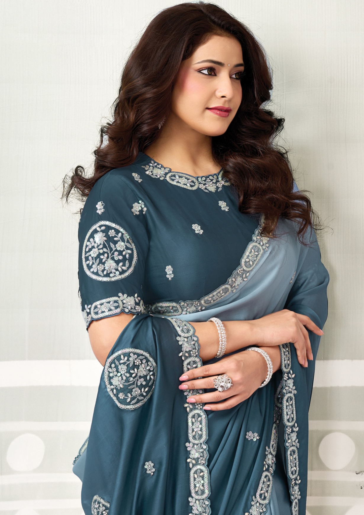 Metallic Blue Grey Lustrous Satin Embroidered Saree — alternate view