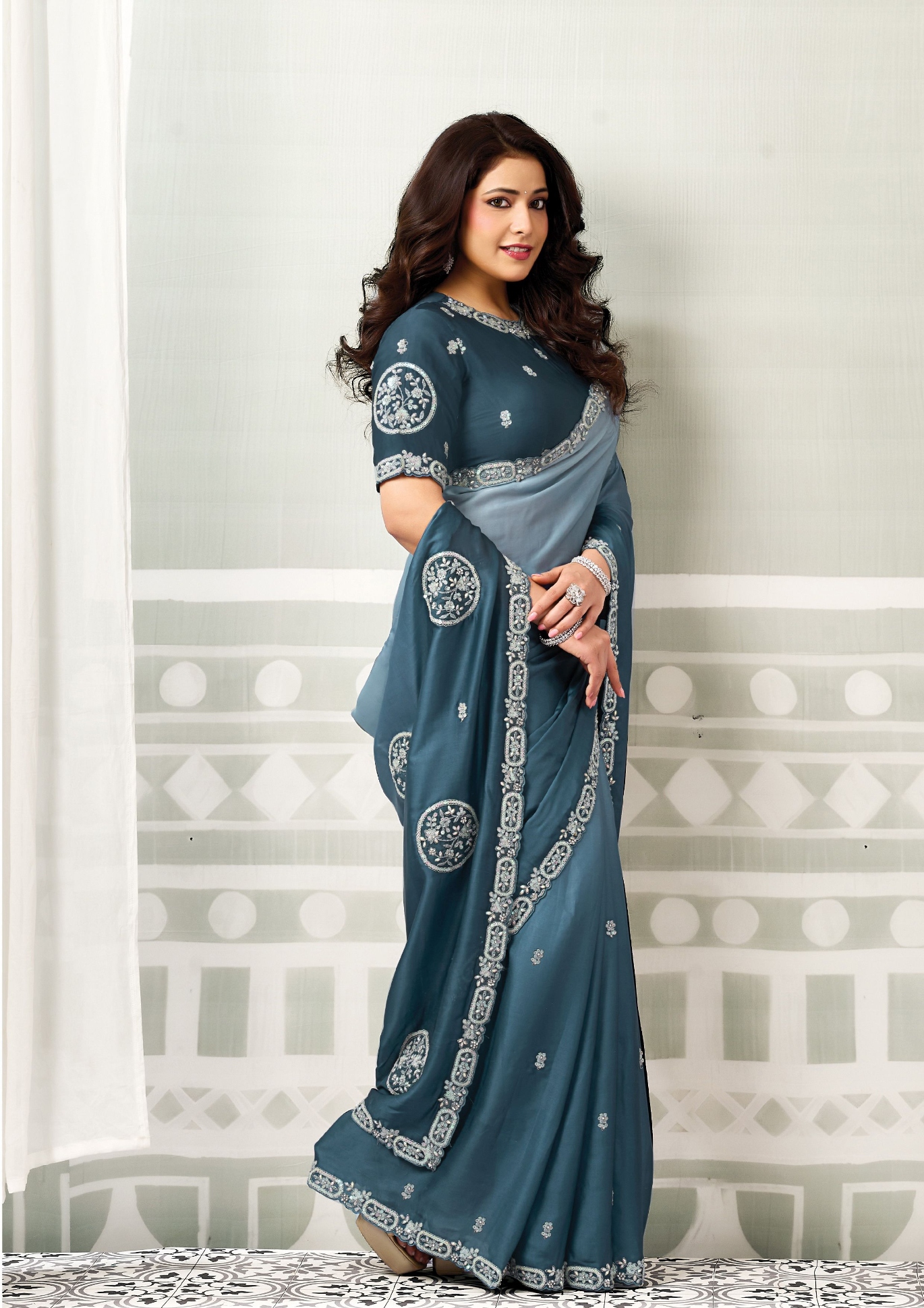 Metallic Blue Grey Lustrous Satin Embroidered Saree