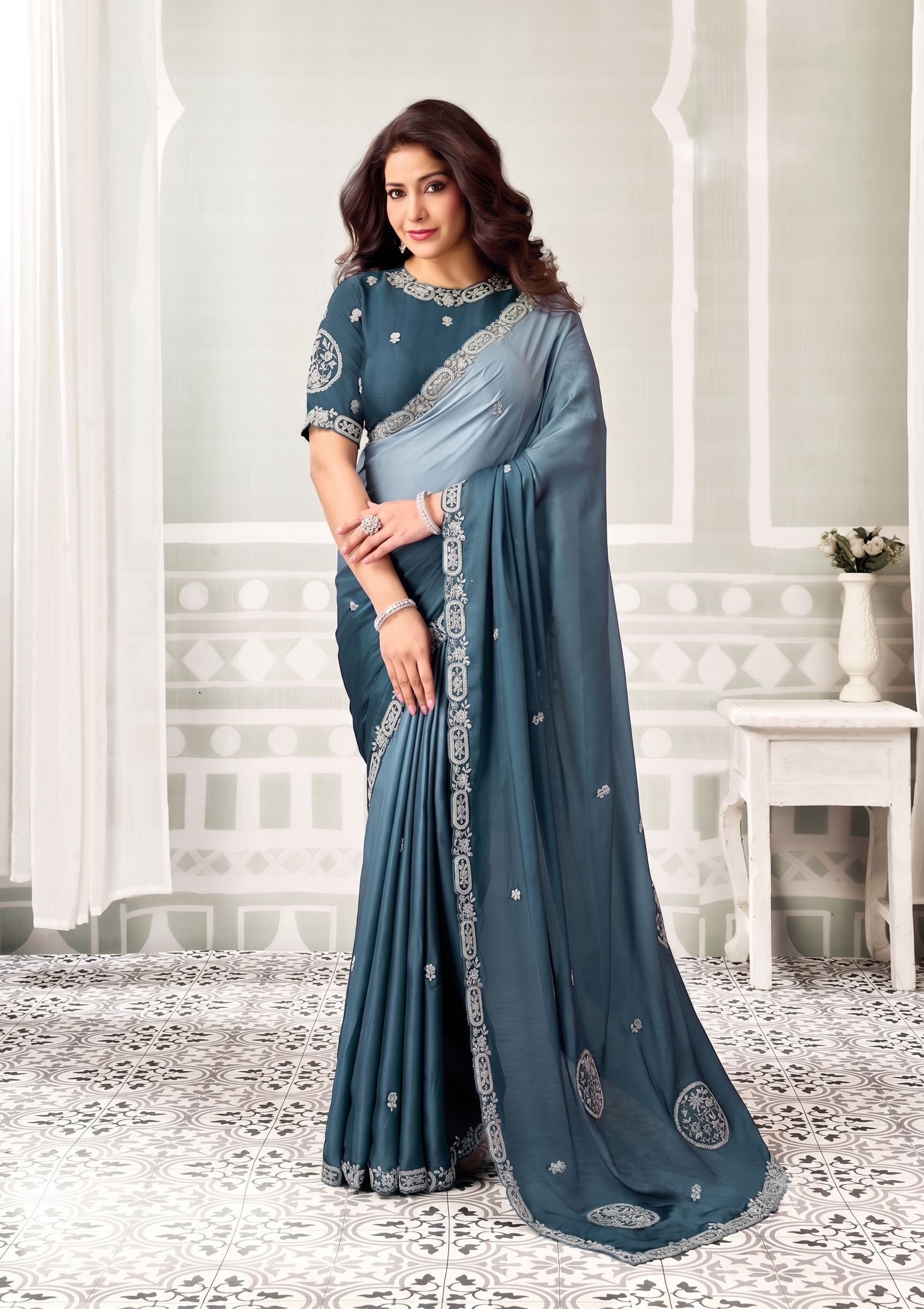 Metallic Blue Grey Lustrous Satin Embroidered Saree