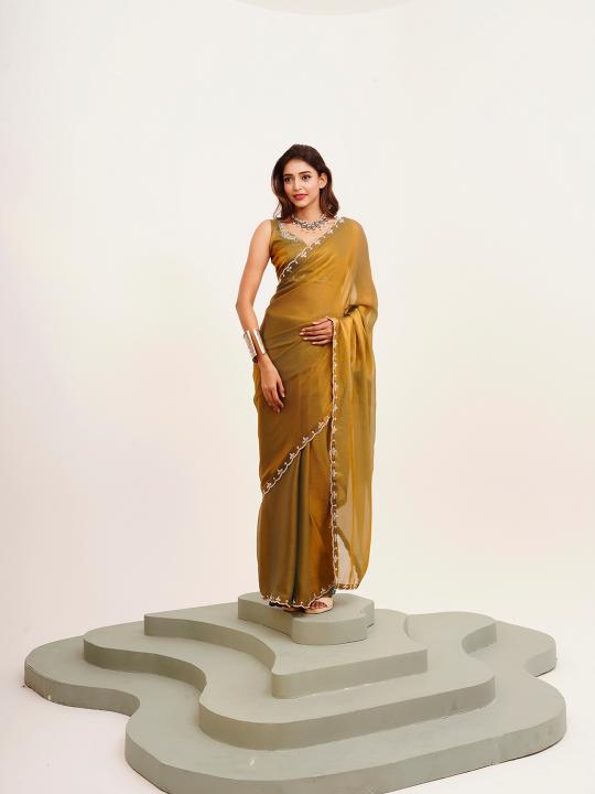 Metallic Mustard Satin Saree