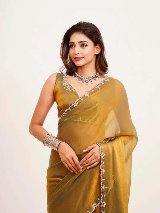 Metallic Mustard Satin Saree