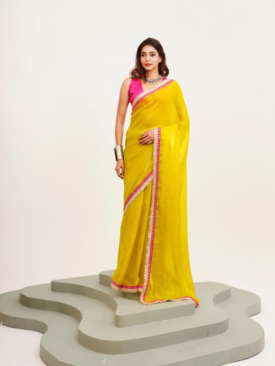 Metallic Yellow Satin Saree