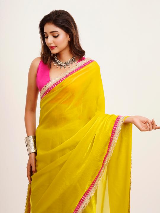 Metallic Yellow Satin Saree