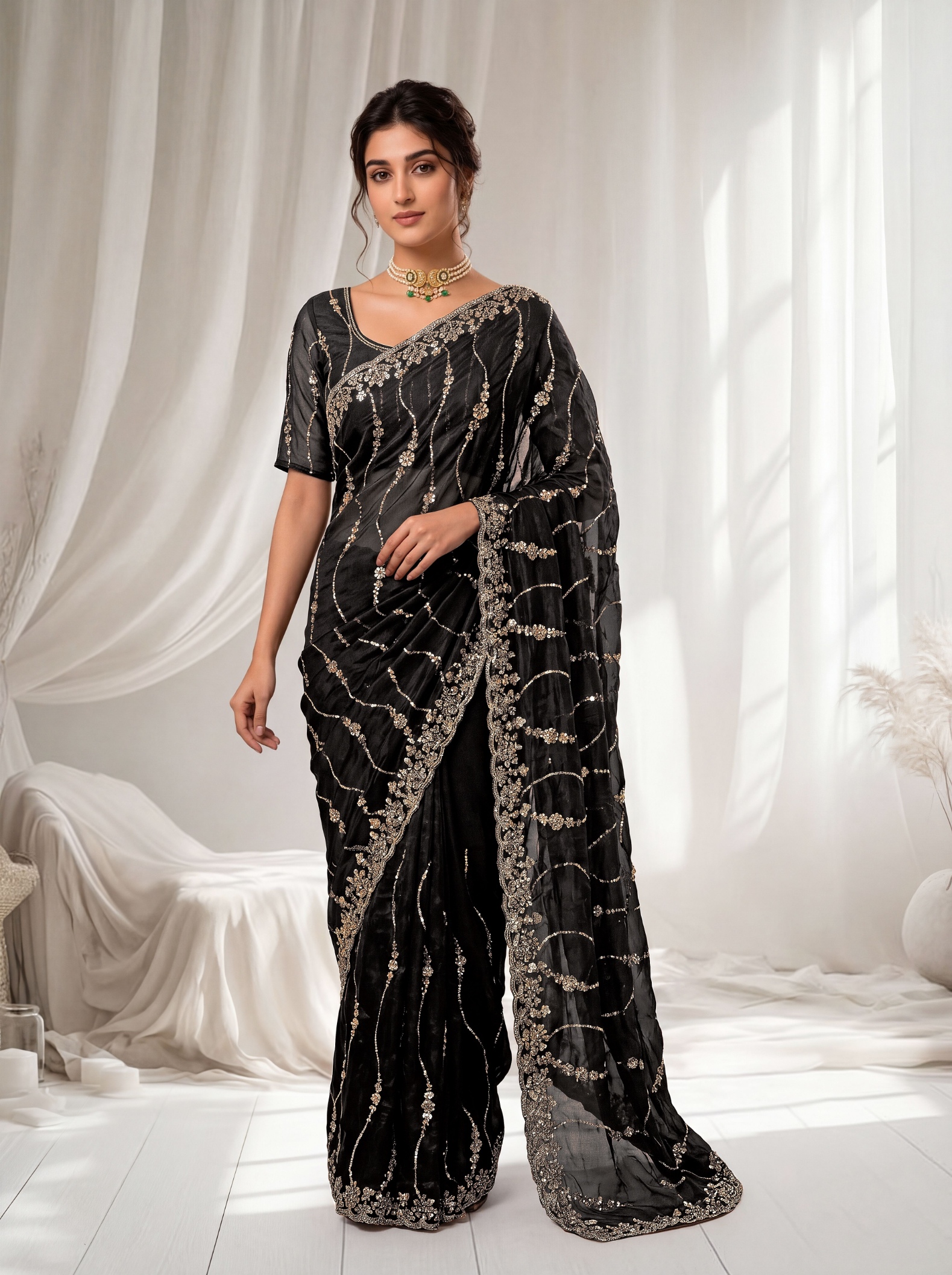 Midnight Black Floral Sequin Embroidered Space Silk Saree