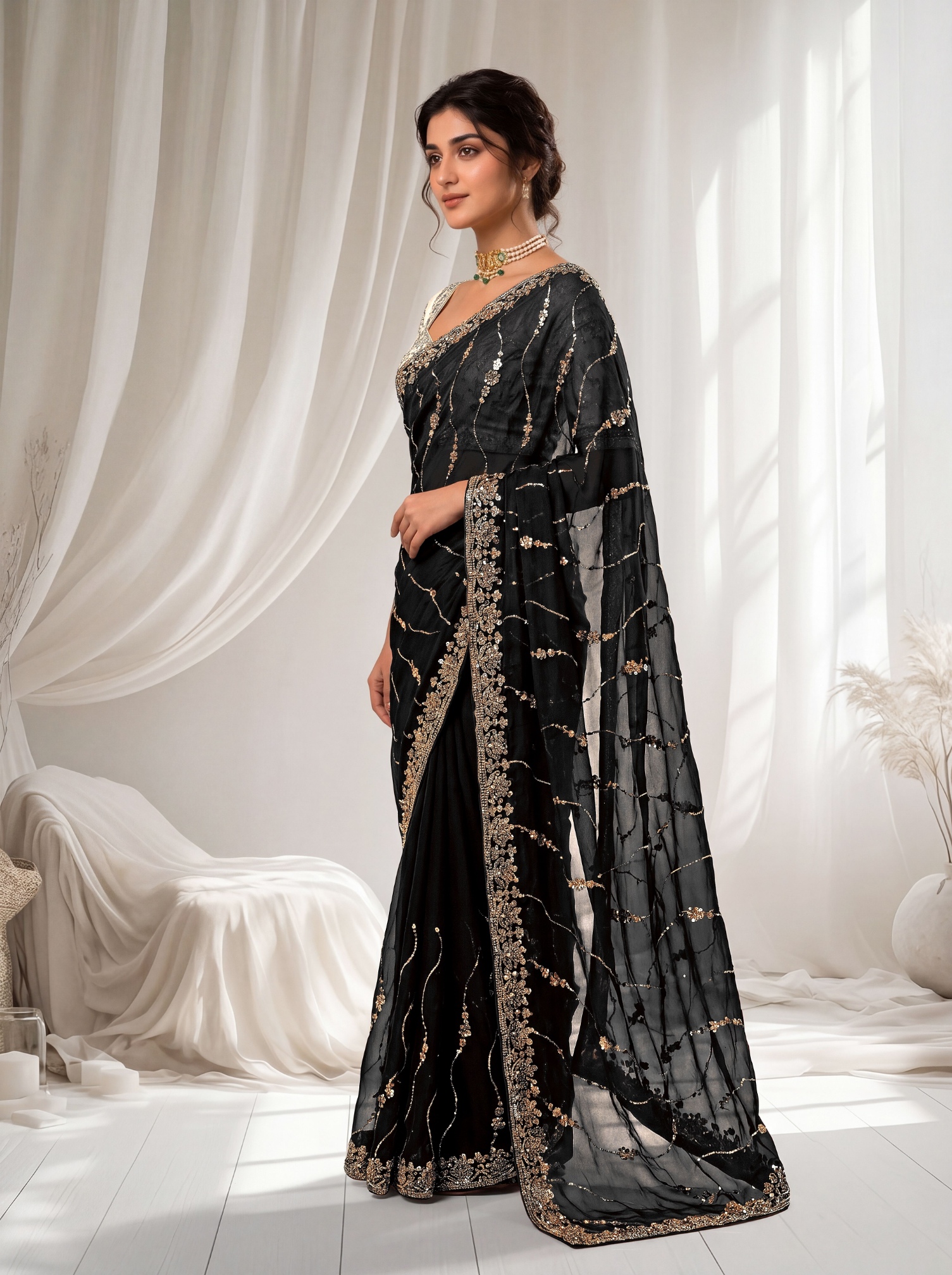 Midnight Black Floral Sequin Embroidered Space Silk Saree — alternate view