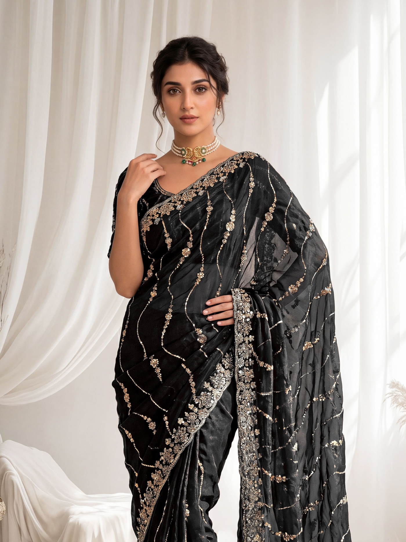 Midnight Black Floral Sequin Embroidered Space Silk Saree